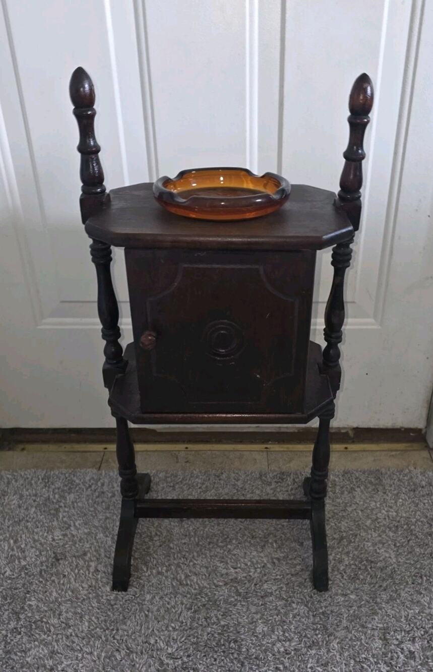 FLAWED Antique Wood Smoking Table Hummidor Amber Ashtray Primative Victorian